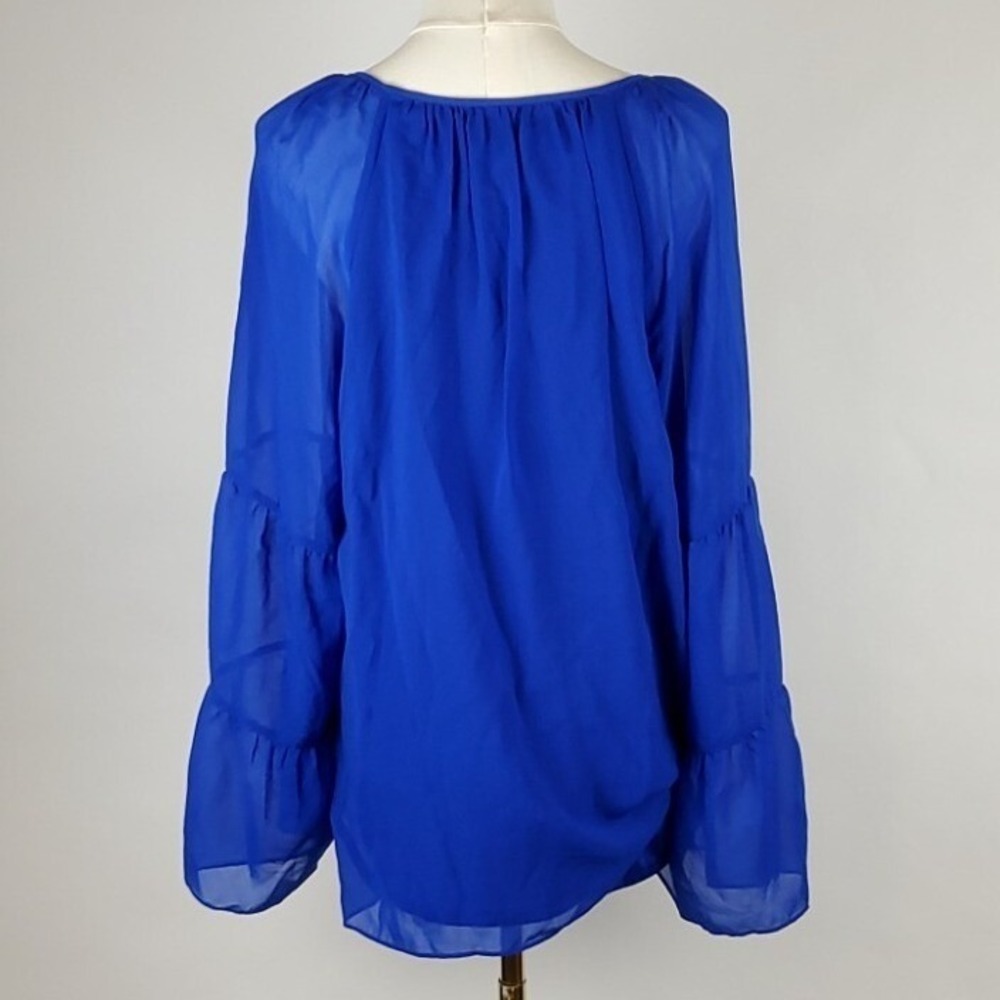 JM Collection Top Womens Large Blue Solid Tiered Bell Sleeve Gauze Blouse NWT - Picture 4 of 8